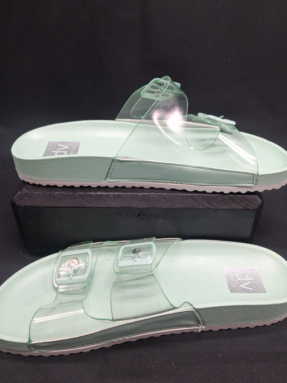 Dolce Vita Mint Green Clear Double Buckle Espadrille Slides